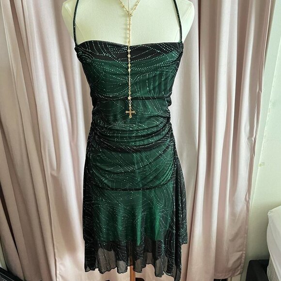 Majora Y2K 2000s Whimsical Goth Sparkly Green Midi Dress - Picture 4 of 8